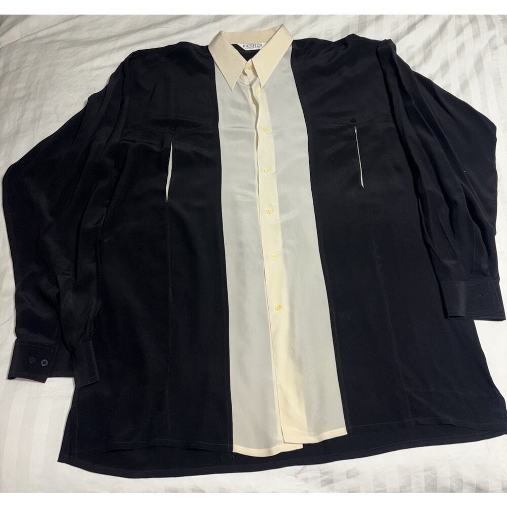 VINTAGE MENS GENELLI Black And‎ Cream Two Tone SILK SHIRT NEHRU COLLAR XL Tall